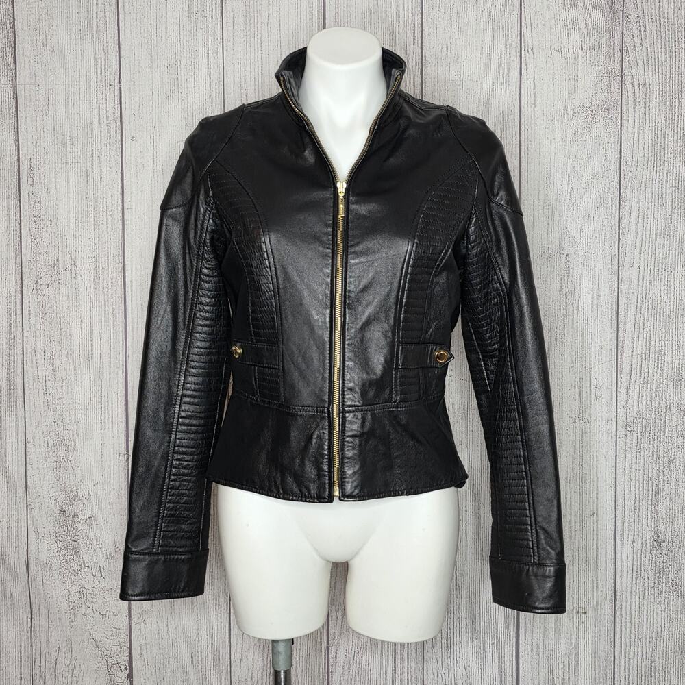 Marciano Black Leather Moto Jacket Gold Hardware Leopard Lining, sz Large - Picture 2 of 9
